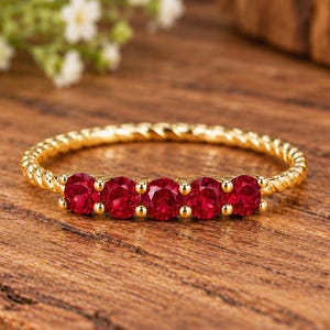 Handmade 5-Stone Lab Ruby Ring, Sterling Silver, Round Cut Gemstone Jewelry