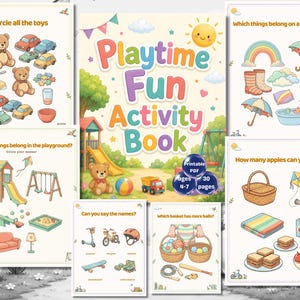 Könnte beinhalten: Ein farbenfrohes Kinder-Aktivitätsbuch mit dem Titel "Playtime Fun Activity Book" mit verschiedenen Lernspielen. Das Buch enthält Illustrationen von Spielzeug, Spielplatzgeräten und Gegenständen für Regentage. Enthält einen Teddybären, einen Spielplatz und eine Sonne.