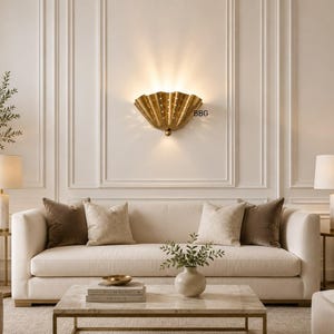 Vintage Brass Wall Sconce | Pleated Fan Design Wall Light | Handmade Ruffled Brass Lamp | Mid Century Modern Lighting | Luxury Home Decor