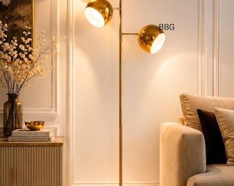 Lampadaire triple globe en laiton de luxe, luminaire articulé de style moderne du milieu du siècle, lampe sur pied sculpturale en verre, décoration design pour la maison
