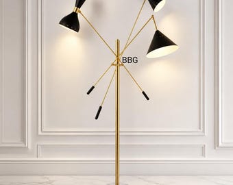 Mid Century Modern Brass Floor Lamp, Black Shades & Carrara Marble Base, Luxury Italian Style Handmade Lighting