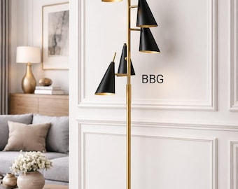 Handmade Mid Century Modern Brass Floor Lamp | Luxury Stilnovo Inspired Standing Lamp | 5 Adjustable Black Cone Shades