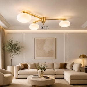 Tre Lune Brass Flush Mount Chandelier | Modern Ceiling Light | Italian Angelo Lelii Inspired Opaline Glass Lamp | 3 Globe Brass Fixture