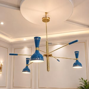 Mid Century Brass Chandelier | 3 Arm Rotating Diabolo Shade Light Fixture | Italian Modern Ceiling Lamp | Stilnovo Inspired Lighting