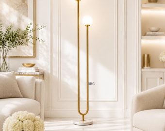 Modern Brass Double Globe Floor Lamp | Mid Century Marble Base Standing Lamp | Luxury Opal Glass Light | Designer Interior Decor
