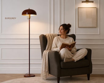 Modern Burgundy Floor Lamp with Brushed Gold Accents | Luxury Mid Century Standing Lamp | Dome Shade Metal Floor Light
