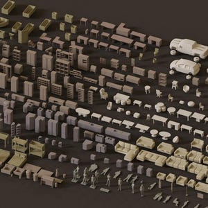 May include: A large collection of miniature 3D models arranged in a grid, featuring various furniture pieces like sofas, chairs, tables, cabinets, and beds, alongside small vehicle models and human figures, all rendered in a uniform light beige tone.