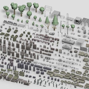 Peut inclure: Une collection d'actifs 3D low-poly comprenant divers meubles gris, des véhicules et des arbres verts. L'ensemble inclut des canapés, des tables, des chaises, des lits, des lampadaires et de petites figurines humaines disposées sur un fond gris.