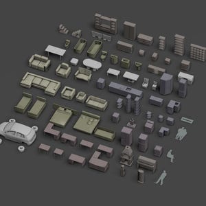 May include: A collection of miniature 3D models arranged on a dark gray surface, including various furniture pieces like sofas, beds, tables, chairs, cabinets, bathroom fixtures, a car, and several small human figures in a neutral gray tone.