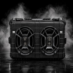 May include: A black rectangular hard-shell case featuring two integrated oval speakers with black grilles. The Polk Audio brand logo is visible on small white rectangular labels on the left and right sides of the front panel of the case.