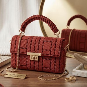 May include: A brick-red crochet handbag with a braided handle and gold-tone chain strap. The bag features a geometric pattern and a gold clasp. A tag reads "CROCHÊ ARTESANAL - LUXO SUSTENTÁVEL".