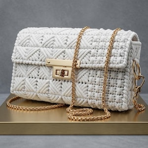 Handmade white women's shoulder bag. Hand-embroidered on canvas, with gold details and satin lining.