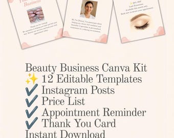 Kit Beauty Business Canva, 12 modèles modifiables, publications Instagram, liste de prix (téléchargement instantané)