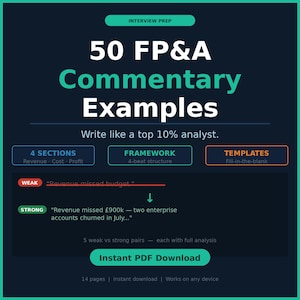Può includere: Un grafico turchese con il testo "INTERVIEW PREP" e "50 FP&A Commentary Examples." Include sezioni su entrate, costi, profitti, un framework a 4 battute e modelli da compilare. L'immagine mostra esempi deboli e forti e offre un download PDF immediato.