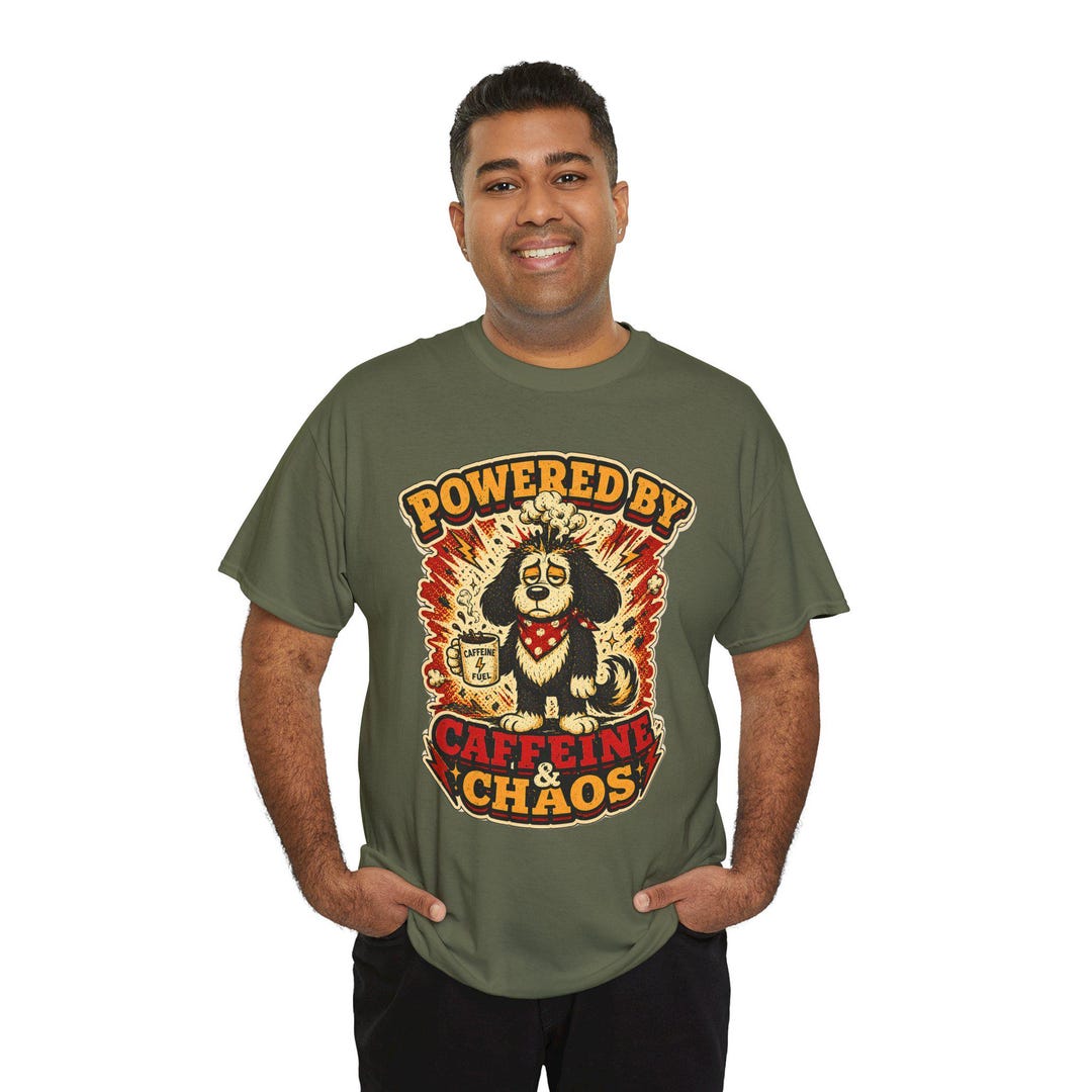 Powered by Caffeine and Chaos Shirt Funny Dog Tee Coffee Lover Shirt ...
