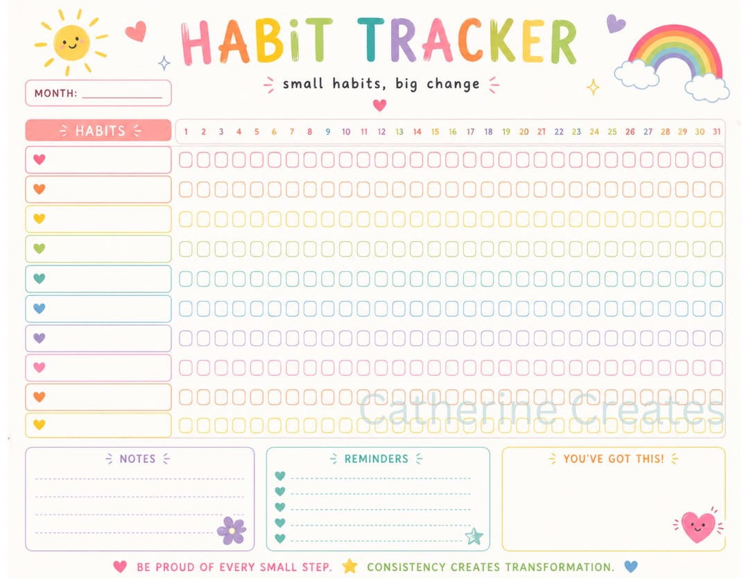Colorful Habit Tracker Printable Cute Monthly Habit Tracker PDF Rainbow ...