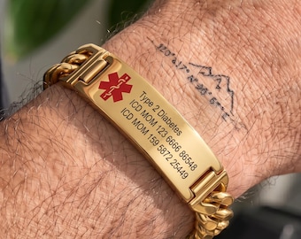 Custom Medical Alert Bracelet for Men, Personalized Cuban Link Medical ID Bracelet, Engraved Diabetic Bracelet, Stainless Steel ICE Jewelry