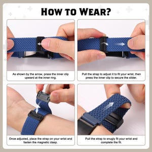 May include: A blue braided watch strap with a black adjustable slider and magnetic clasp. The image includes four instructional panels titled HOW TO WEAR? showing how to press the inner clip, adjust the strap length, and fasten the magnetic clasp.