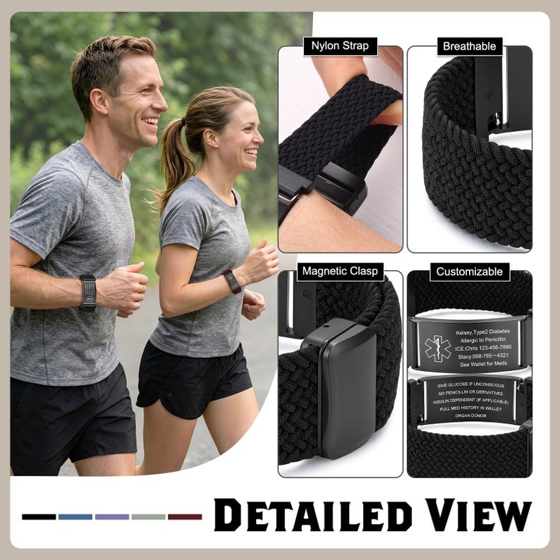 May include: A black nylon medical alert watch strap featuring a magnetic clasp and a customisable metal plate. The plate displays the text: Kelsey, Type 2 Diabetes, Allergic to Penicillin, ICE: Chris 123-456-7890, Stacy: 098-765-4321, See Wallet for Meds.
