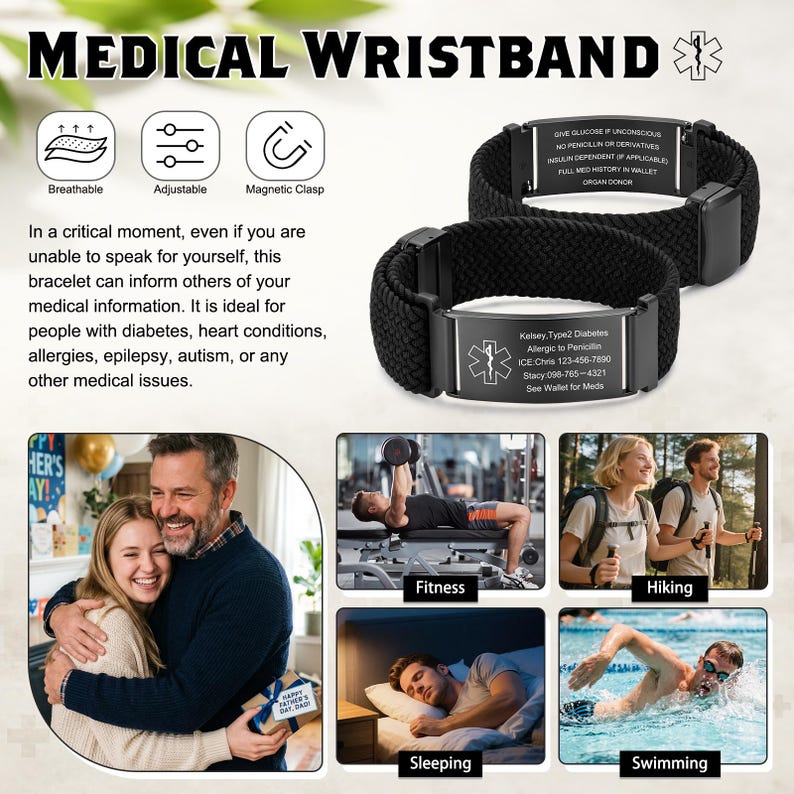 May include: A black braided medical wristband with a magnetic clasp and a rectangular metal plate. The plate features the Star of Life symbol and engraved text including "Kelsey, Type 2 Diabetes, Allergic to Penicillin, ICE: Chris 123-456-7890, Stacy 098-765-4321, See Wallet for Meds."