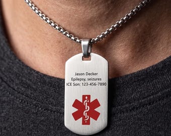 Personalized Men's Medical Alert Necklace | Custom Engraved Dog Tag Emergency ID Pendant | Autism, Epilepsy, Diabetic Health Tag