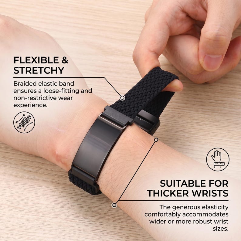 May include: A black braided elastic watch band featuring a rectangular metal connector piece. The text on the image reads FLEXIBLE & STRETCHY, Braided elastic band ensures a loose-fitting and non-restrictive wear experience, and SUITABLE FOR THICKER WRISTS, The generous elasticity comfortably accommodates wider or more robust wrist sizes.