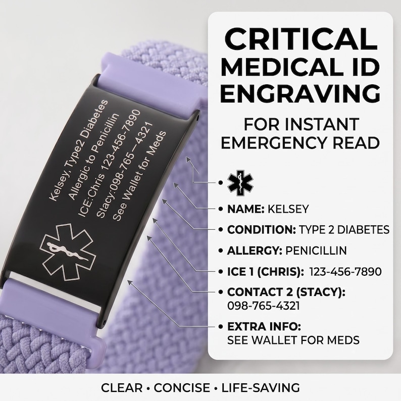 May include: A lavender braided medical ID bracelet with a black rectangular metal plate featuring white laser-engraved text including name, Type 2 Diabetes, penicillin allergy, and emergency contact numbers for instant emergency reading.