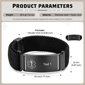 May include: A black medical alert bracelet with a braided nylon cord and a stainless steel plate. The plate features a white Star of Life symbol and the placeholder text 'Text 1'. It measures 45 mm by 22 mm with a 130-220 mm perimeter.