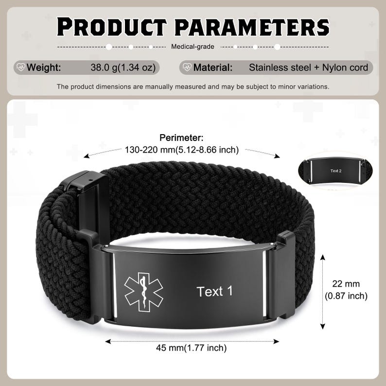 May include: A black medical alert bracelet with a braided nylon cord and a stainless steel plate. The plate features a white Star of Life symbol and the placeholder text 'Text 1'. It measures 45 mm by 22 mm with a 130-220 mm perimeter.