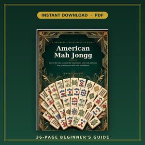 May include: A 36-page PDF beginner's guide titled American Mah Jongg by Tanya Lysaught. The cover features a dark green background with gold art deco borders and an arrangement of cream-coloured Mah Jongg tiles with colourful floral patterns.