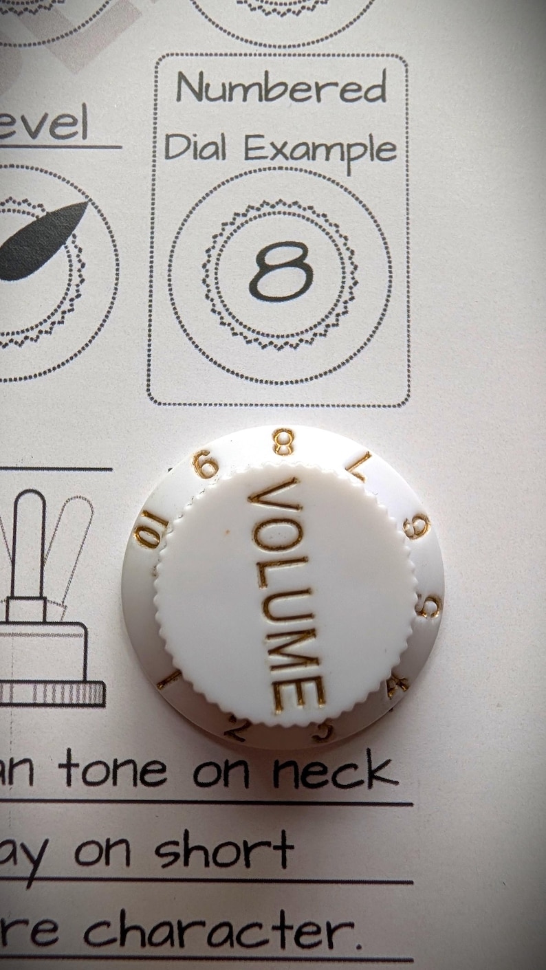 May include: A white guitar volume knob with gold lettering and numbers. The word "VOLUME" is vertically centered. The numbers 6, 7, 8, 9, and 10 are visible. The image also shows a diagram with the number 8.