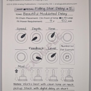 May include: A white spiral-bound notebook page with a diagram for a "Falling Star Delay #5" pedal. The diagram includes controls for Speed, Depth, Time, Feedback, and Level, along with toggle switches and a numbered dial example.