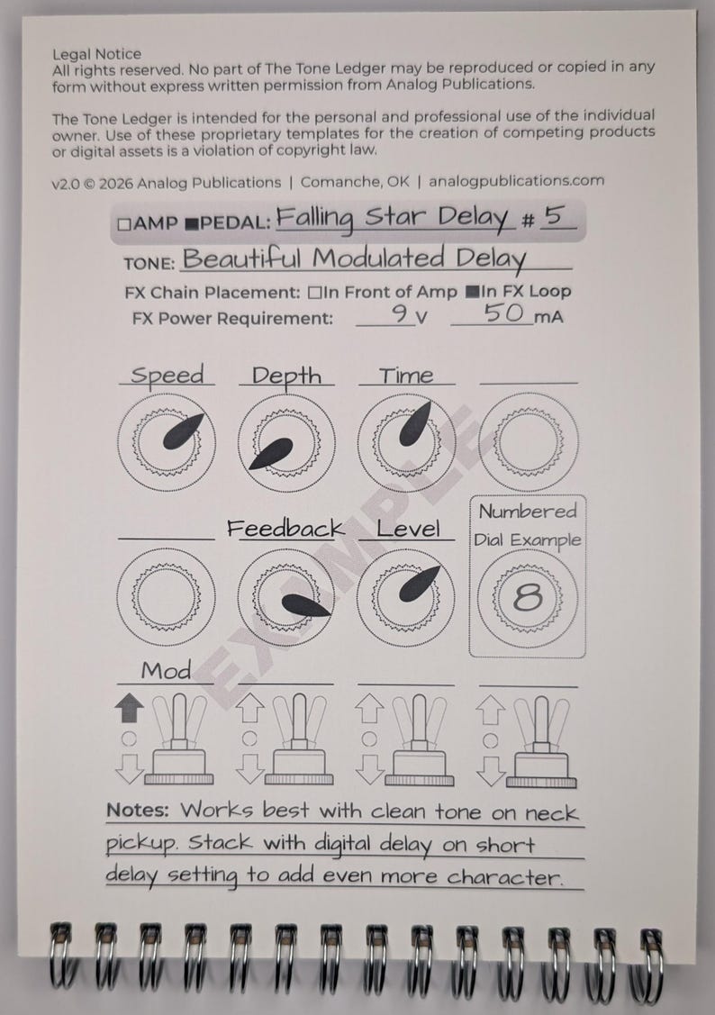 May include: A white spiral-bound notebook page with a diagram for a "Falling Star Delay #5" pedal. The diagram includes controls for Speed, Depth, Time, Feedback, and Level, along with toggle switches and a numbered dial example.