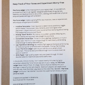 May include: A spiral-bound notebook with a brown cover and white label. The label has black text describing the notebook's purpose for musicians to document amp and pedal settings. The notebook is 5" x 7" and made with 28 lb paper.