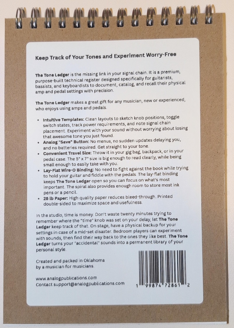 May include: A spiral-bound notebook with a brown cover and white label. The label has black text describing the notebook's purpose for musicians to document amp and pedal settings. The notebook is 5" x 7" and made with 28 lb paper.