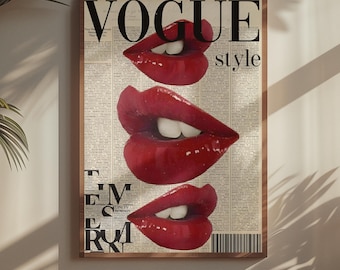 Vogue Zeitung Lippen Poster | Rote Lippen Wandkunst | Moderne Mode-Druck | Edles Design | Minimalistische Pop Art | Schickes Magazin Design