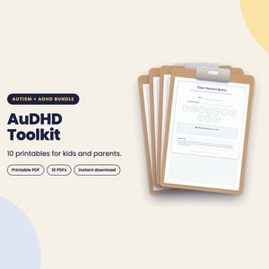 May include: A digital bundle titled Autism + ADHD Bundle AuDHD Toolkit 10 printables for kids and parents. The image displays a stack of wooden clipboards holding a Token Reward Board document with circular spaces and text fields.