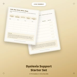 May include: A 2-in-1 bundle of printable sheets for dyslexia support. The first sheet features a Look, Say, Cover, Write, Check spelling practice grid. The second sheet includes a reading log with columns for pages read and how it felt.