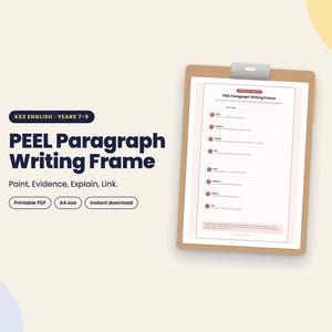 May include: A PEEL Paragraph Writing Frame document for KS3 English years 7-9, displayed on a brown clipboard. The text includes Point, Evidence, Explain, Link, Printable PDF, A4 size, and Instant download. The layout features a structured list.