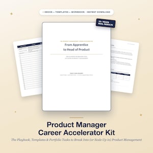 May include: A digital product kit titled From Apprentice to Head of Product by Emily Sian Hughes, featuring an ebook, templates, and a workbook. The cover displays the text 15+ YEARS REAL RESULTS and EBOOK + TEMPLATES + WORKBOOK + INSTANT DOWNLOAD.