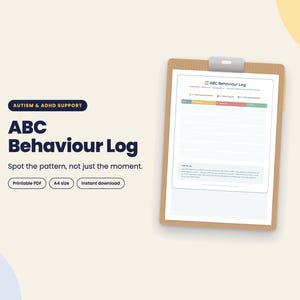 Könnte beinhalten: Ein braunes Klemmbrett mit einem weißen Blatt Papier mit der Überschrift ABC Behaviour Log und Abschnitten für Antecedent, Behavior und Consequence. Der Text Autism & ADHD Support und Spot the pattern, not just the moment ist zu sehen.