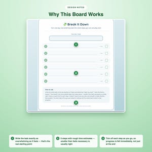 May include: A white task planning sheet titled Break It Down with a field for a big task and six numbered lines for smaller steps, each with a time estimate field and a checkbox. The sheet includes instructions on how to use the task breakdown system.