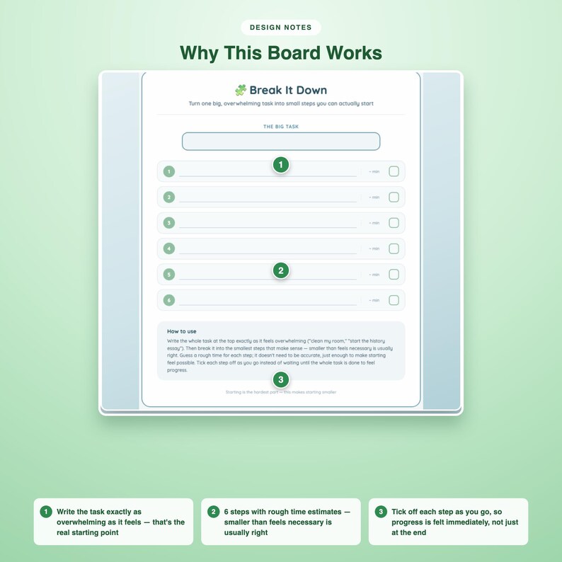 May include: A white task planning sheet titled Break It Down with a field for a big task and six numbered lines for smaller steps, each with a time estimate field and a checkbox. The sheet includes instructions on how to use the task breakdown system.