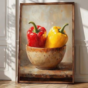 May include: An oil painting in a wooden frame depicting a red bell pepper and a yellow bell pepper resting inside a tan, speckled ceramic bowl. The artwork features visible brushstrokes and a neutral, light-coloured background with warm tones.