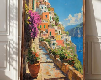 May include: A framed oil painting depicting a coastal Mediterranean village with stacked orange and white buildings, a stone pathway, vibrant pink bougainvillea, terracotta planters, and a deep blue sea under a clear sky with scattered clouds.