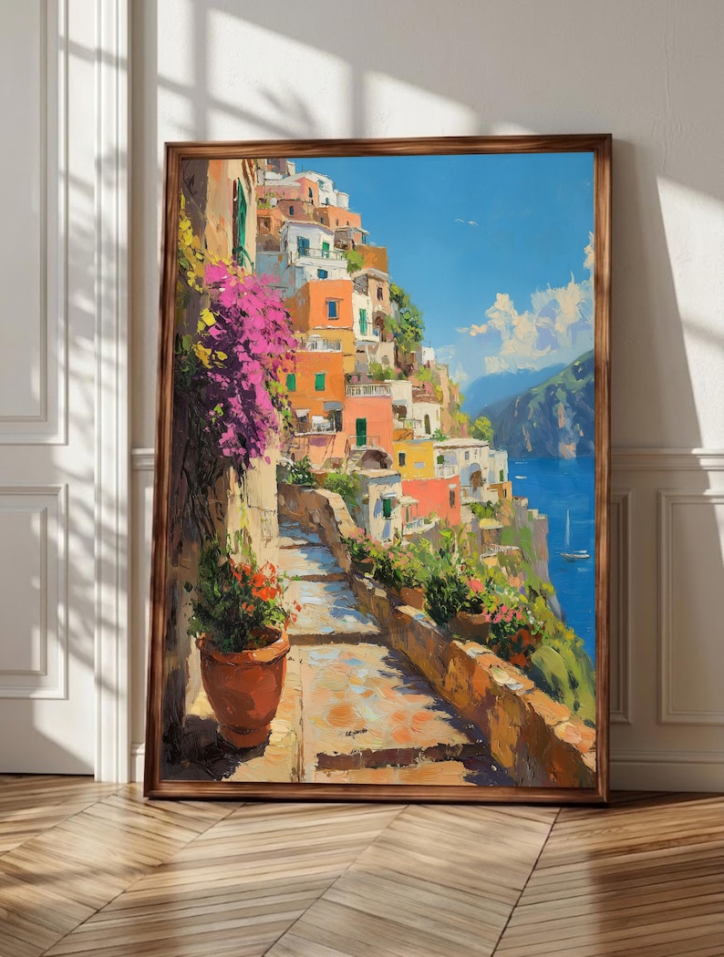 Positano Wall Art Framed Canvas | Italian Coastal Village Print ...
