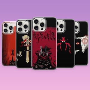 May include: A collection of five phone cases with various anime-style designs. The cases feature black backgrounds with red and white graphics, including characters, text, and abstract art. The cases are designed to fit a smartphone.