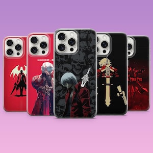 May include: A collection of five phone cases featuring various character illustrations. The cases showcase a range of designs, including a silhouette with wings, a character with a sword, and a skull pattern. The cases are red, black, and gray.