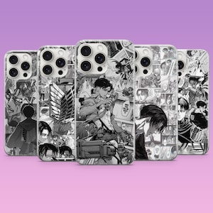 May include: Five smartphone cases arranged in a row, each featuring a black and white manga-style collage print. The designs include various character illustrations, action scenes, and the Wings of Freedom emblem from Attack on Titan.