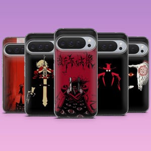 Puede incluir: Cinco fundas para smartphone con gráficos oscuros inspirados en el anime. Los diseños incluyen un fondo rojo con caracteres chinos negros, un personaje con dos pistolas, una silueta con sombrero rojo y una mano con un símbolo rojo circular.